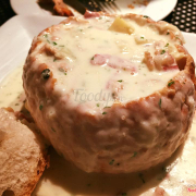 Clam Chower served in a bread bowl.