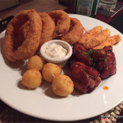 Named the Elbow Room Platter - Onion rings, Cheese balls, Chicken drumlets and Fish fingers