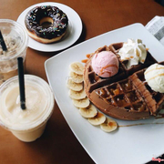 choco donut and waffle with 3 different ice-cream flavours