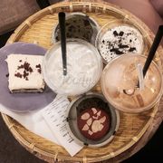Redvelvet cake + cookies with ice cream + cold milk with cookies + thai milk tea with panna cotta + orea cheesecake