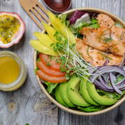 Mediterranean Salad with Salmon and Passion Fruit Sauce