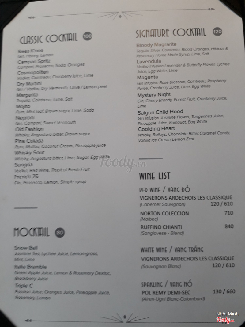 Menu cocktail, mocktail &amp; wine