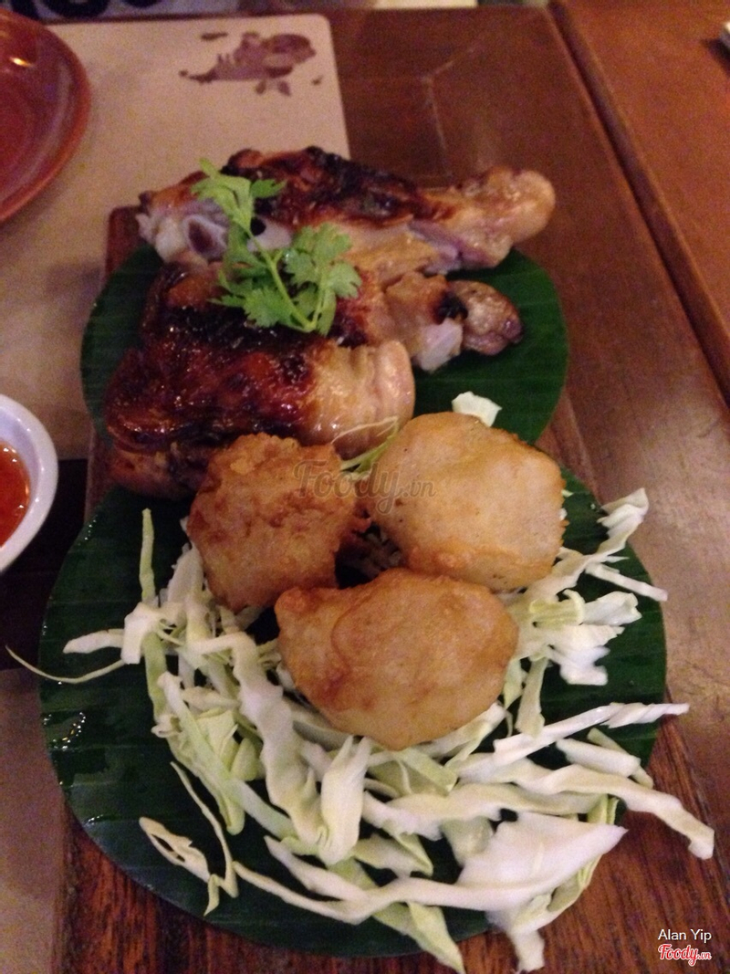 Char grilled chicken with deep fried sticky rice balls