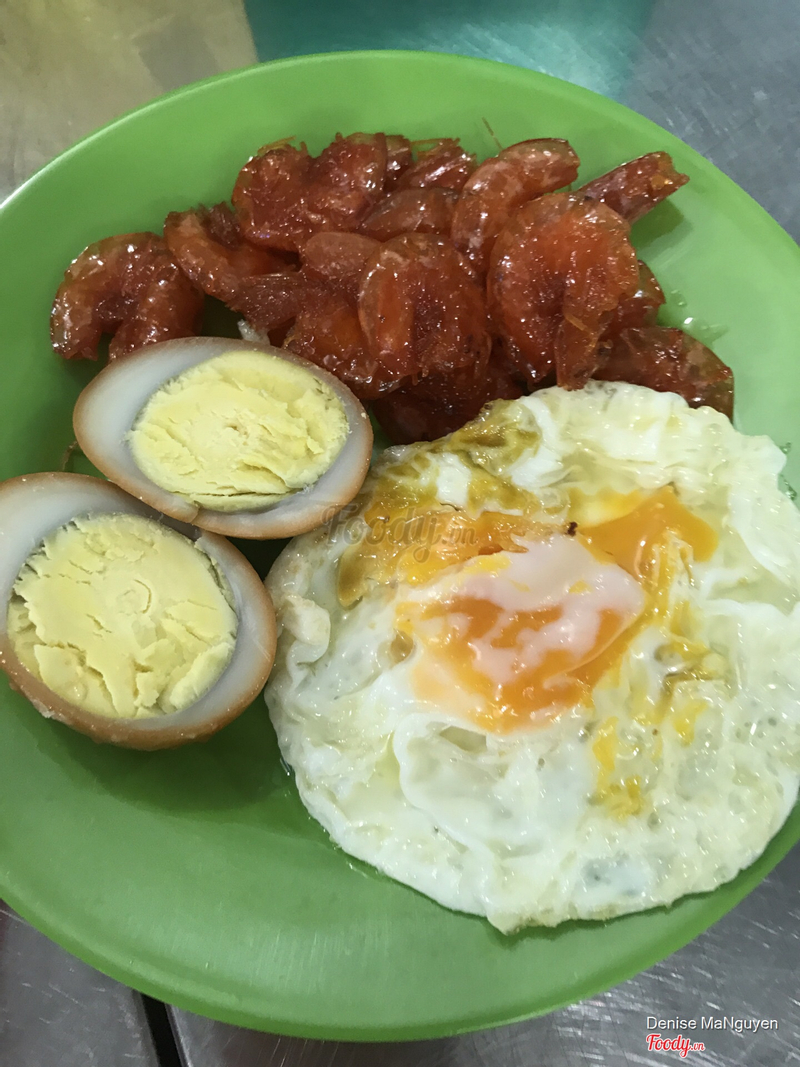 Sides: Fried egg, soyu eggs, and caramelized shrimp