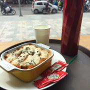 Lasagna & hot latte coffee