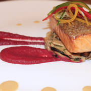 16.	Pan fried Salmon fillet with sauted mushroom
 beetroot puree and white wine sauce
