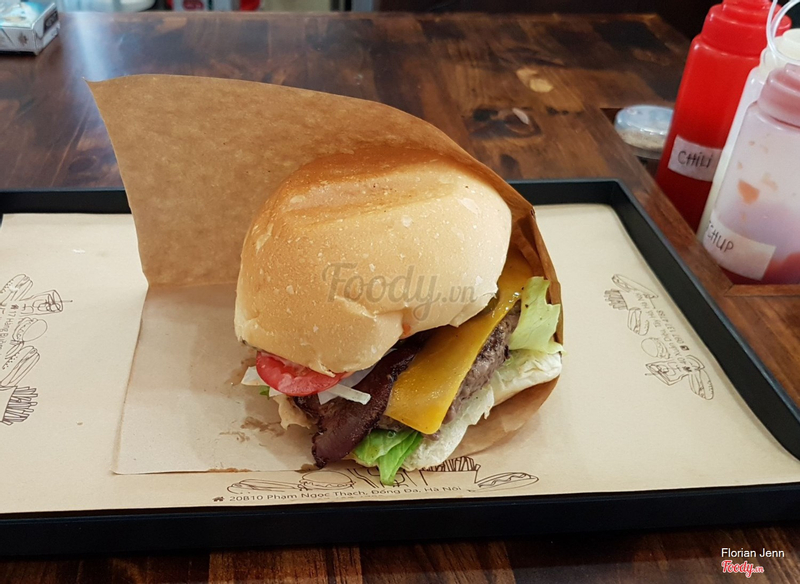 hamburger with bacon, cheese, jalapenos